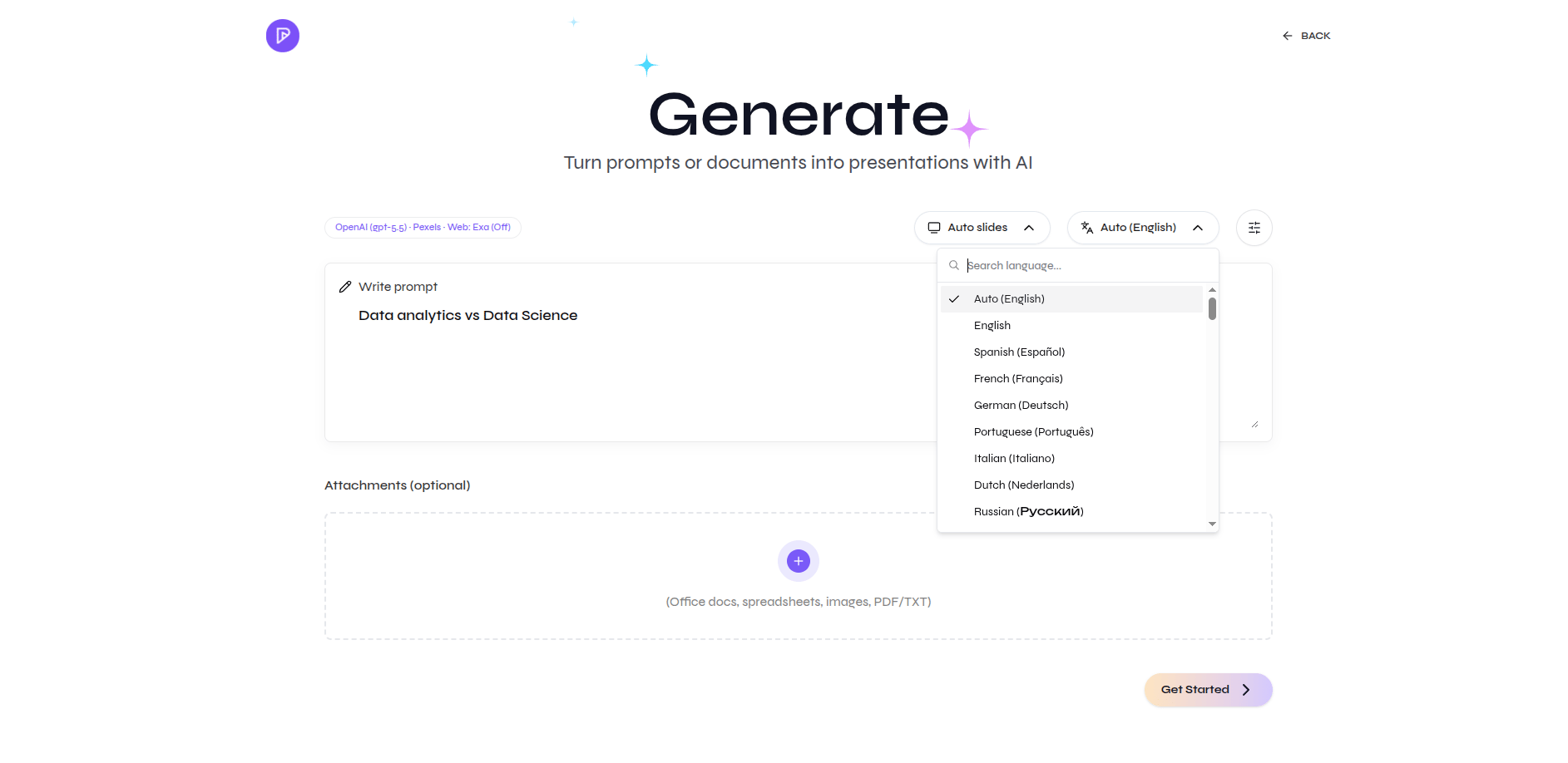 Open-source language menu with Auto English and language options