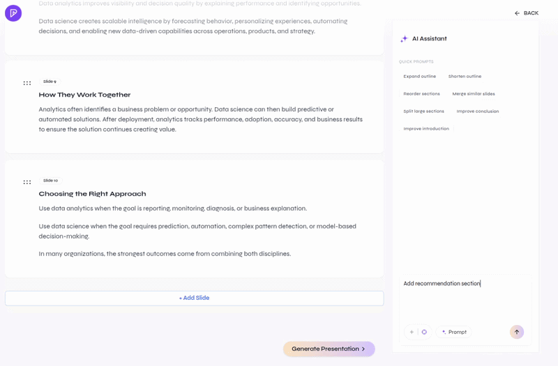 Open-source outline review with AI editing before generating the presentation