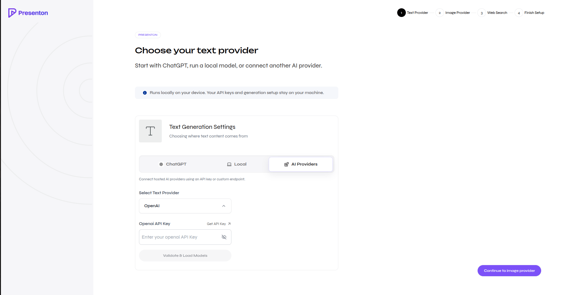 API text provider setup with OpenAI API key field