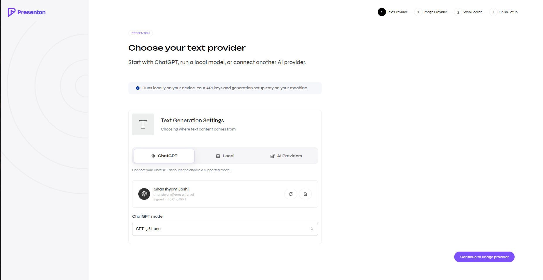 ChatGPT selected with a model dropdown in open-source onboarding