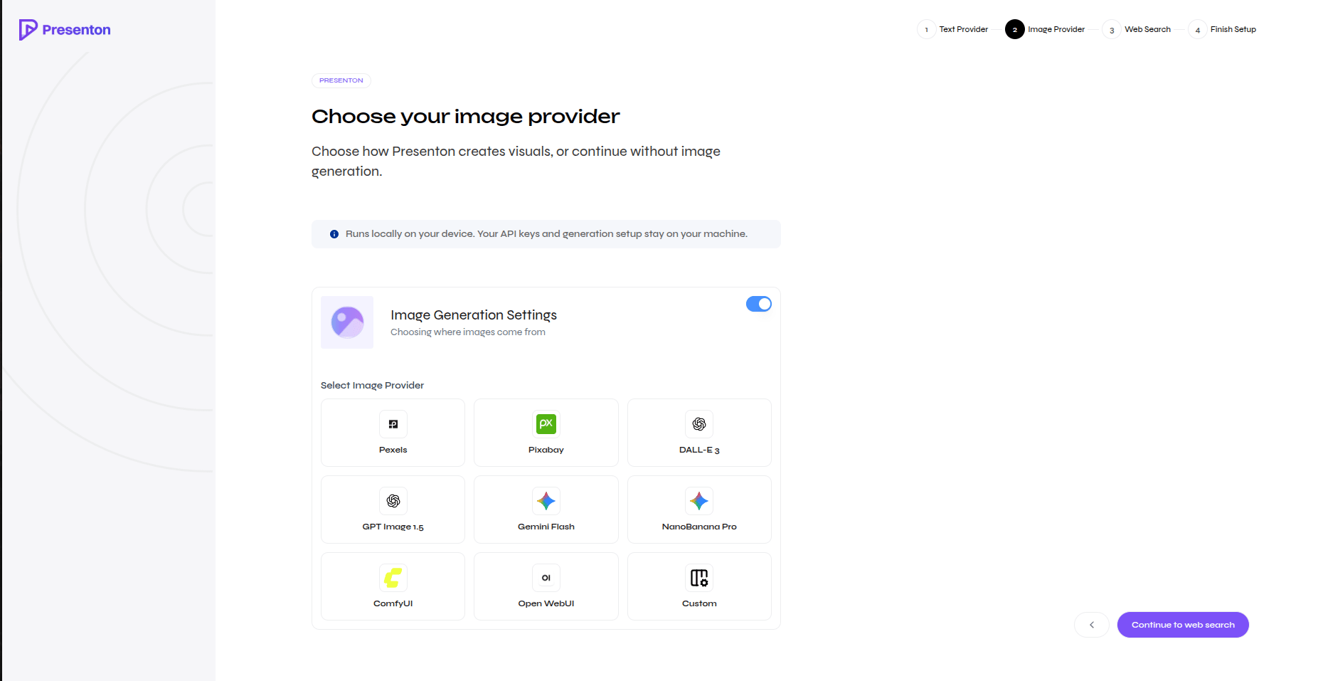 Open-source image provider choices including Pexels, Pixabay, DALL-E, Gemini, ComfyUI, Open WebUI, and Custom