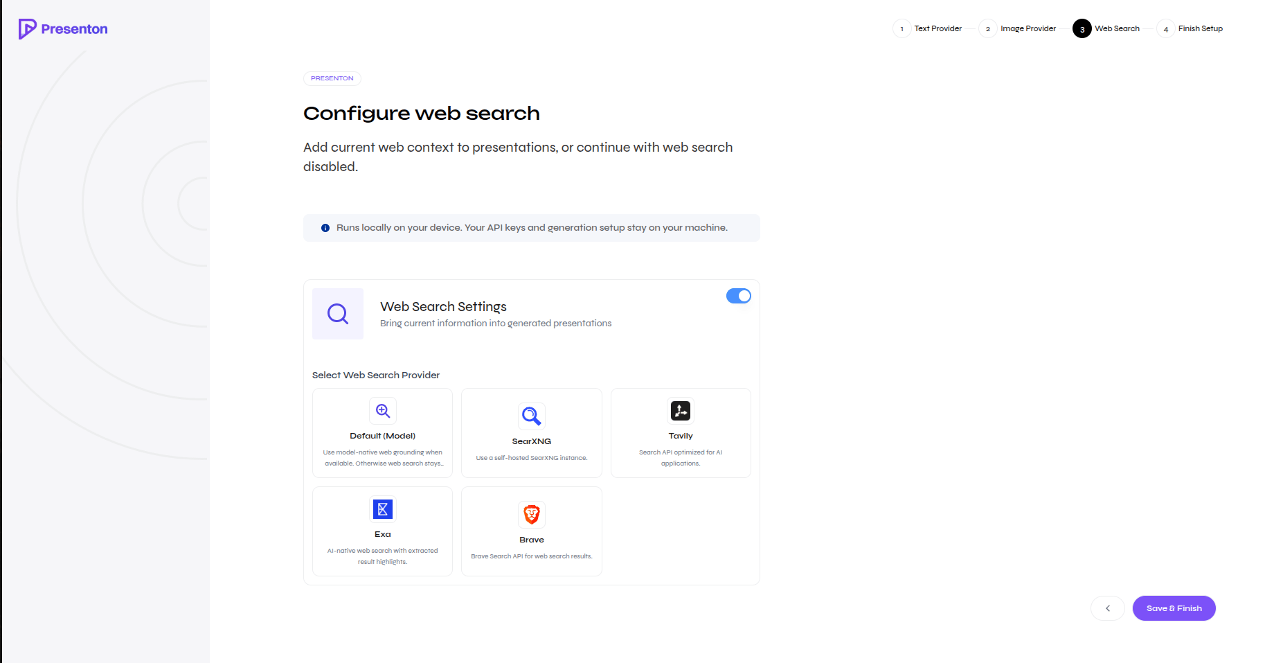 Open-source web search provider choices including Default, SearXNG, Tavily, Exa, and Brave