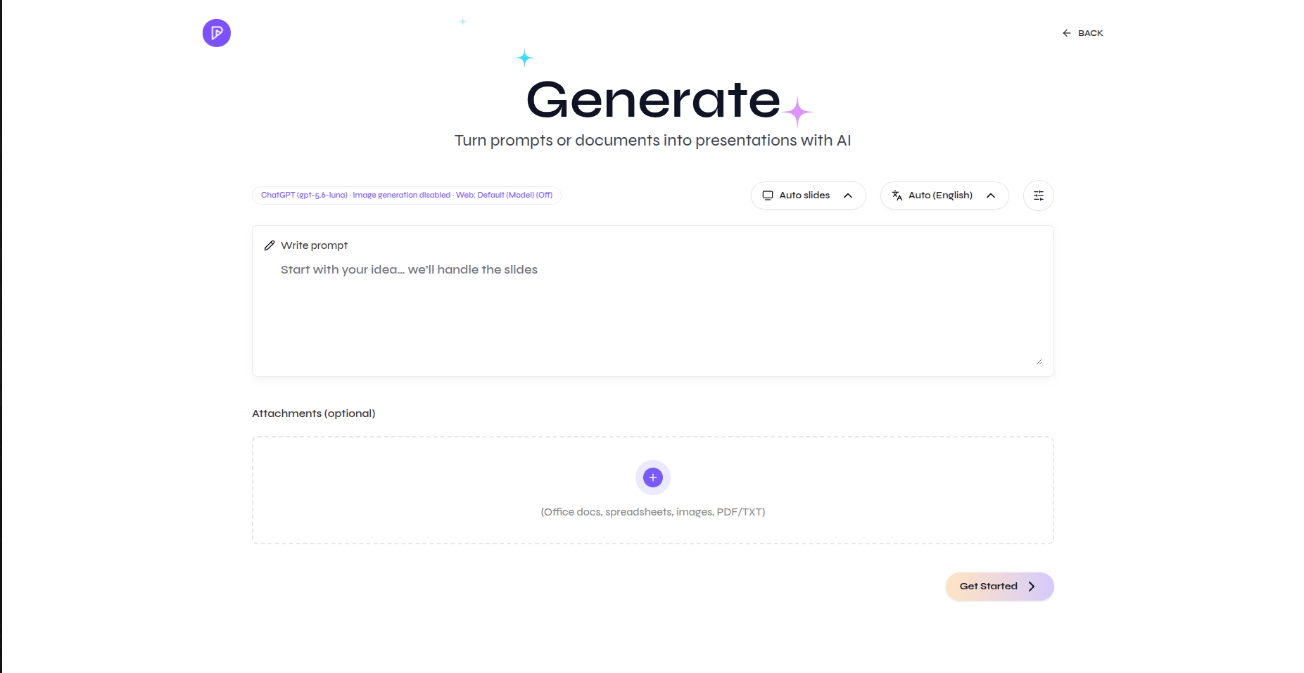 Open-source Generate page with prompt, attachments, slide count, language, and Get Started button