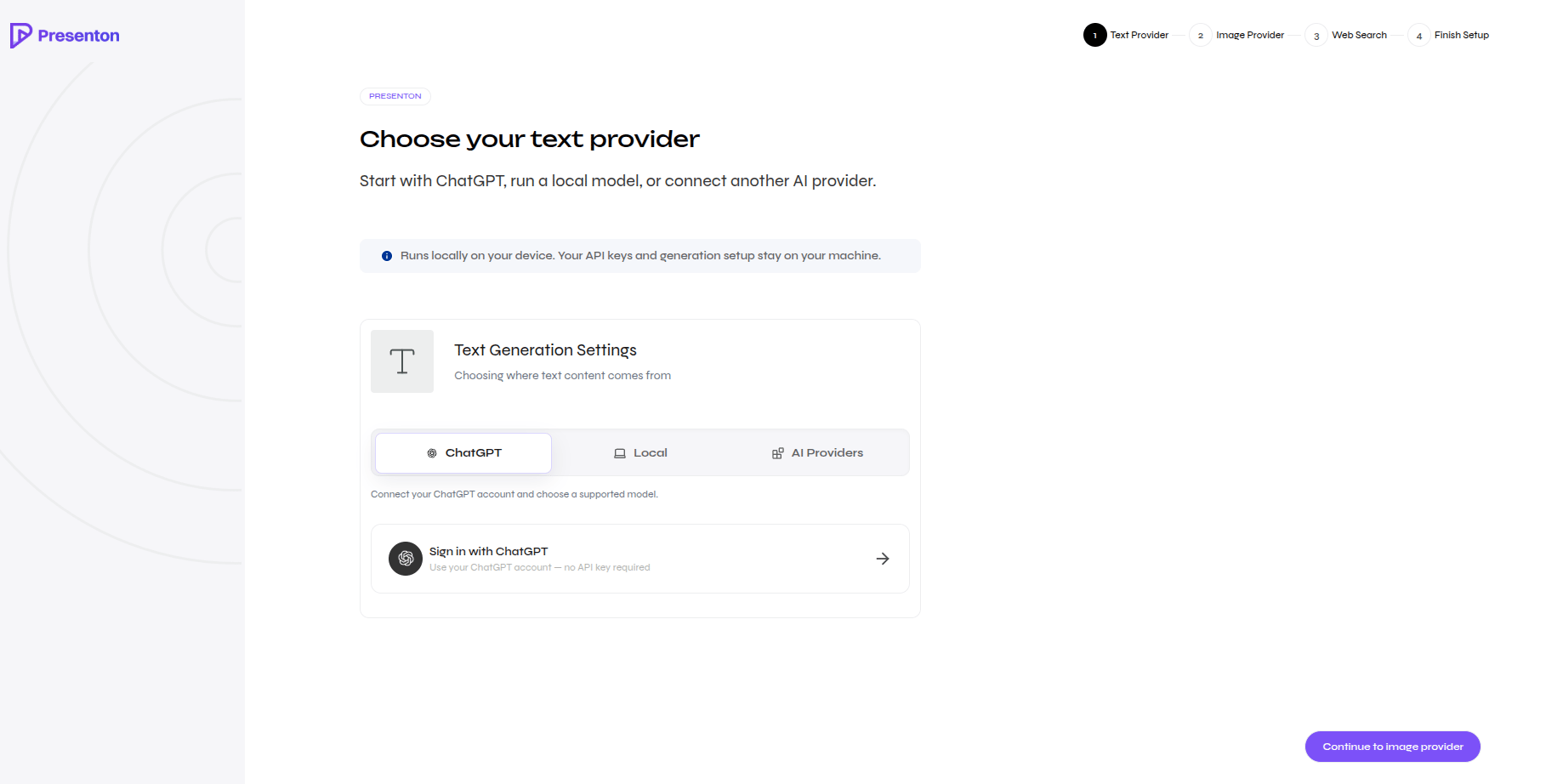 Open-source text provider choices: ChatGPT, Local, and AI Providers