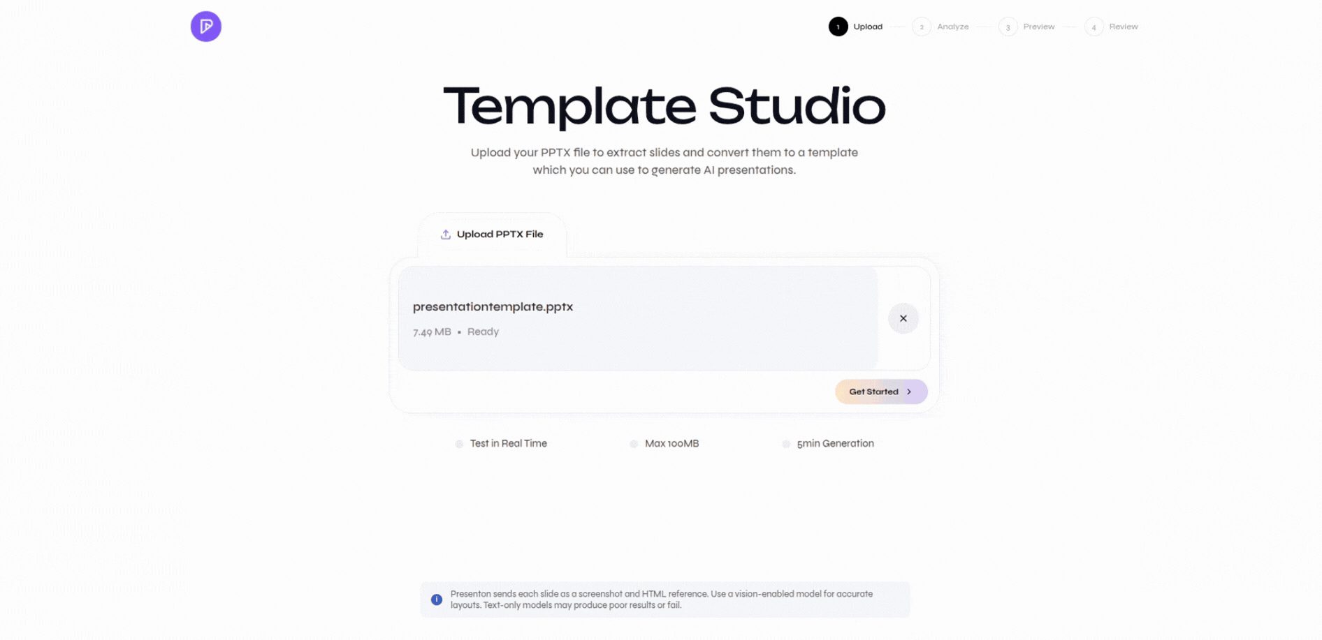 Template Studio showing an uploaded PPTX file ready to process