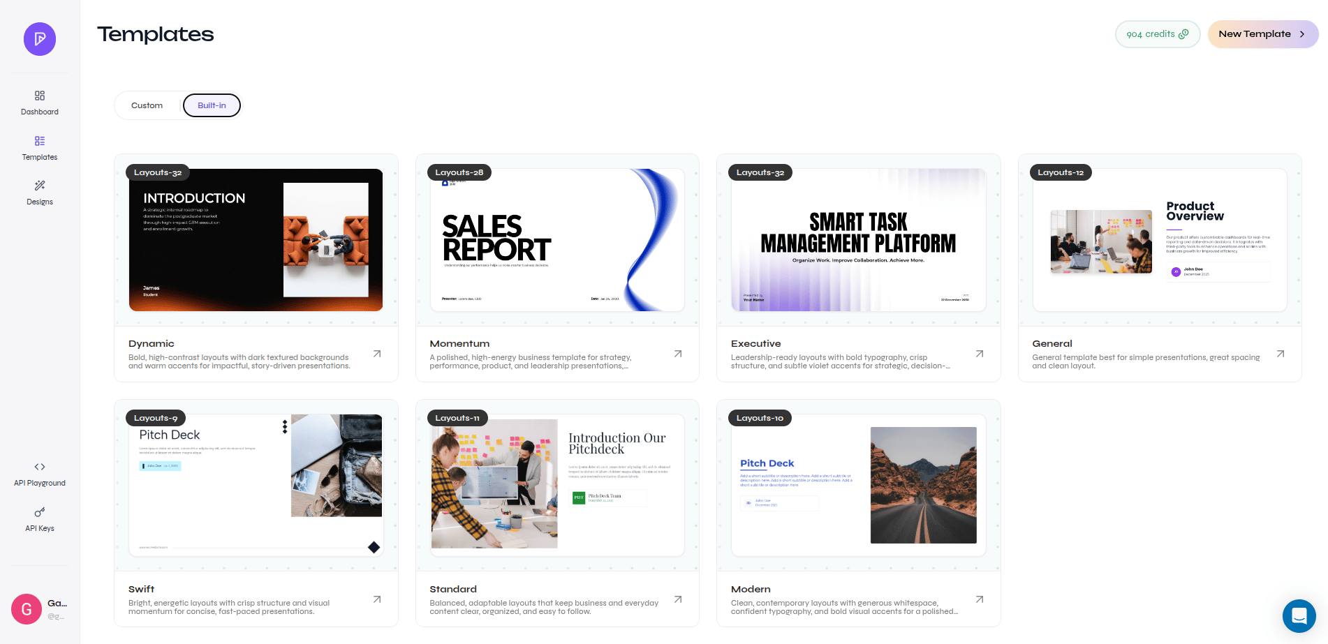 Built-in tab of the Templates library showing Dynamic, Momentum, Executive, General, Swift, Standard, and Modern templates with layout counts and previews