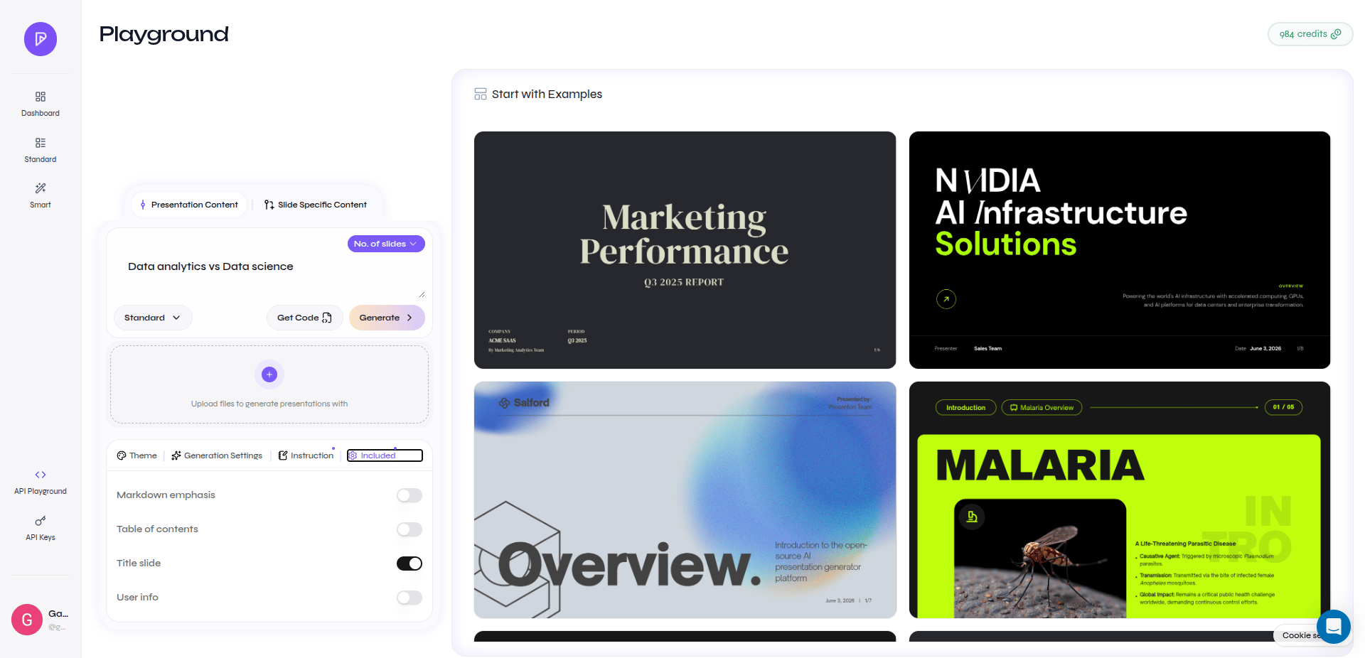 API Playground Included tab with optional presentation sections