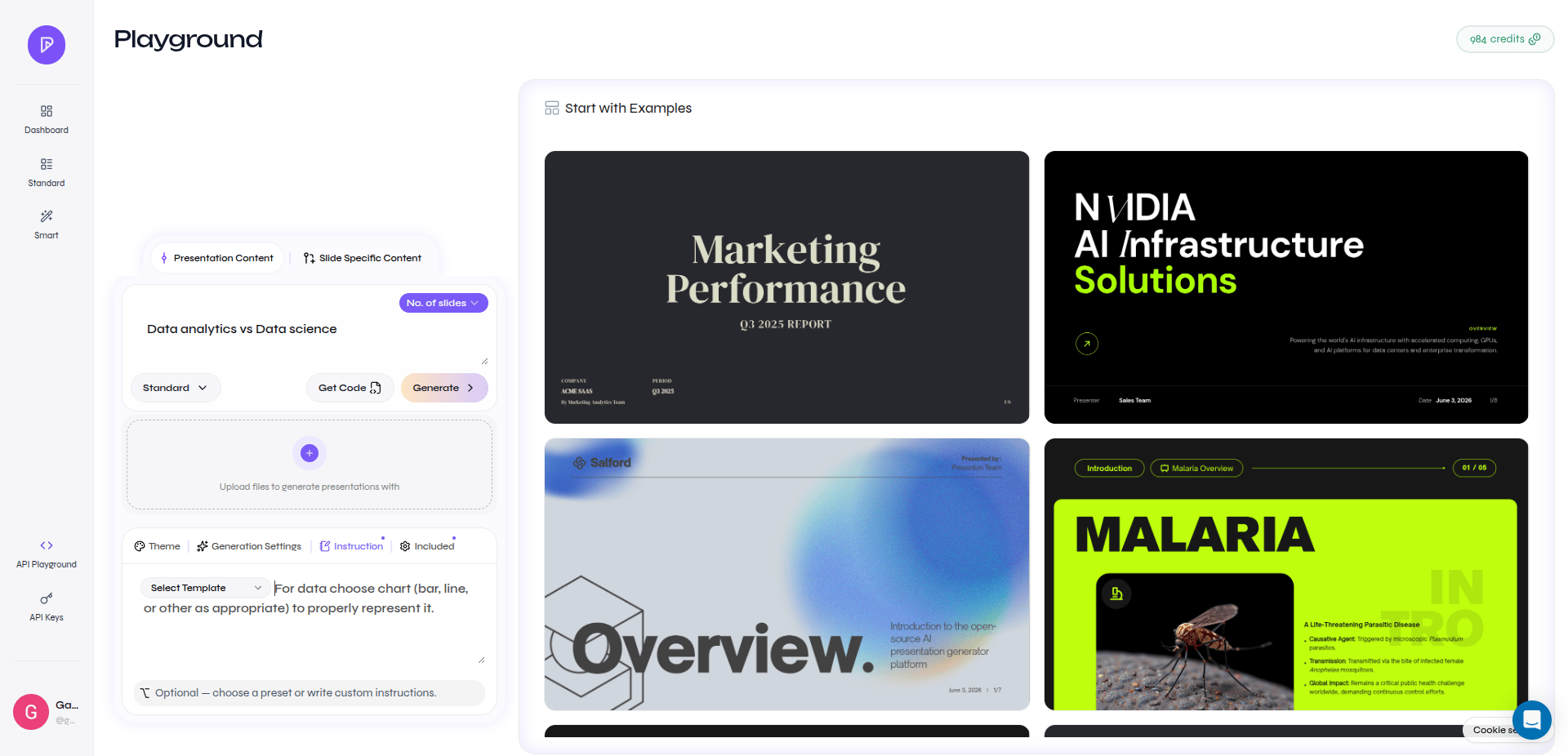 API Playground Instruction tab with custom presentation instructions