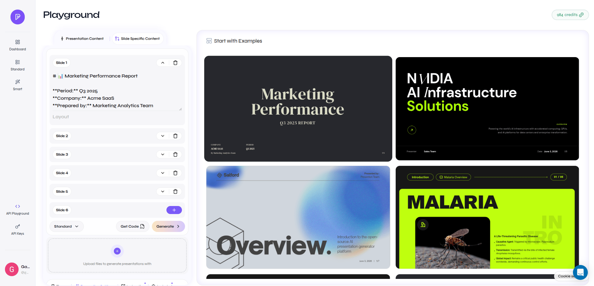 API Playground using Slide Specific Content with separate content blocks for each slide