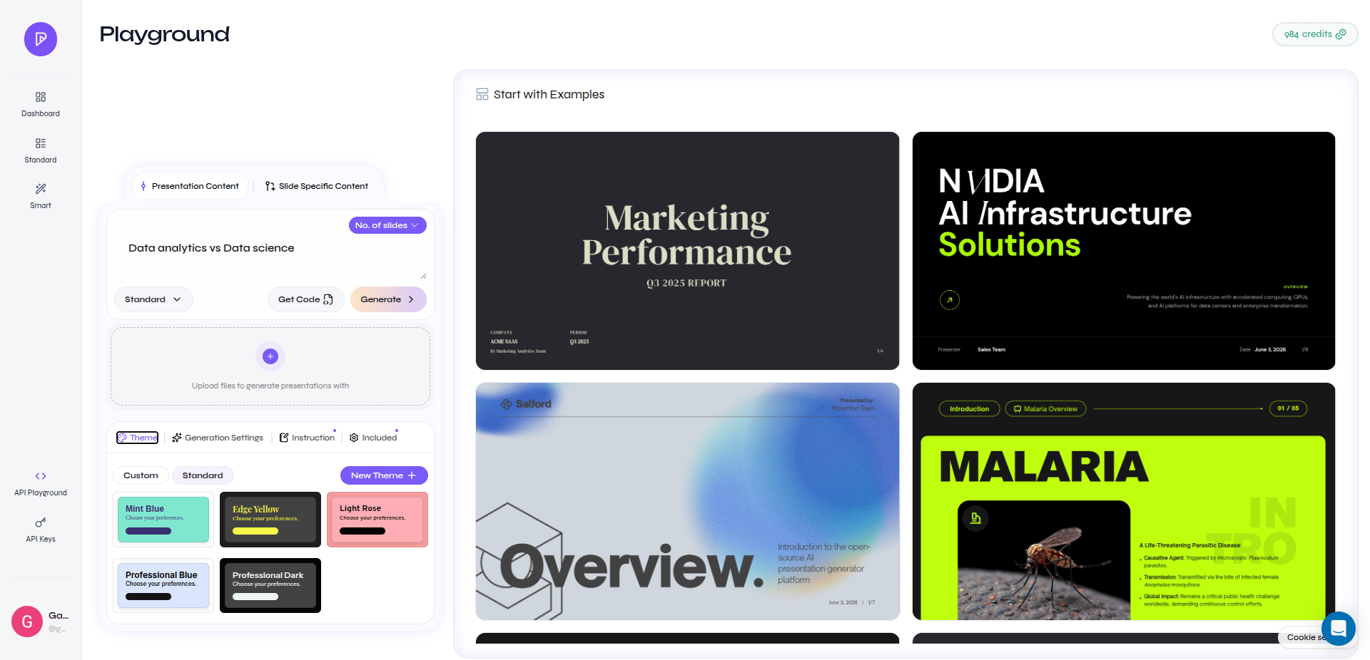 API Playground Theme tab with Custom and Standard themes