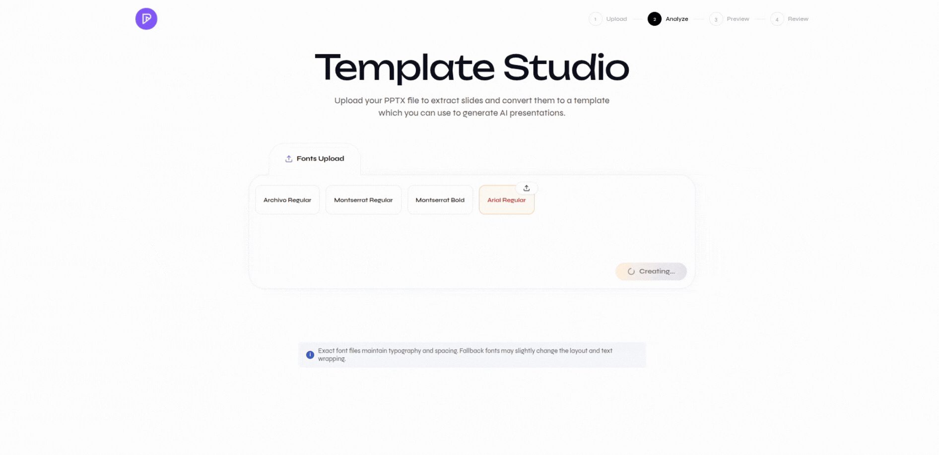 Template Studio font analysis with detected fonts and a missing font upload control