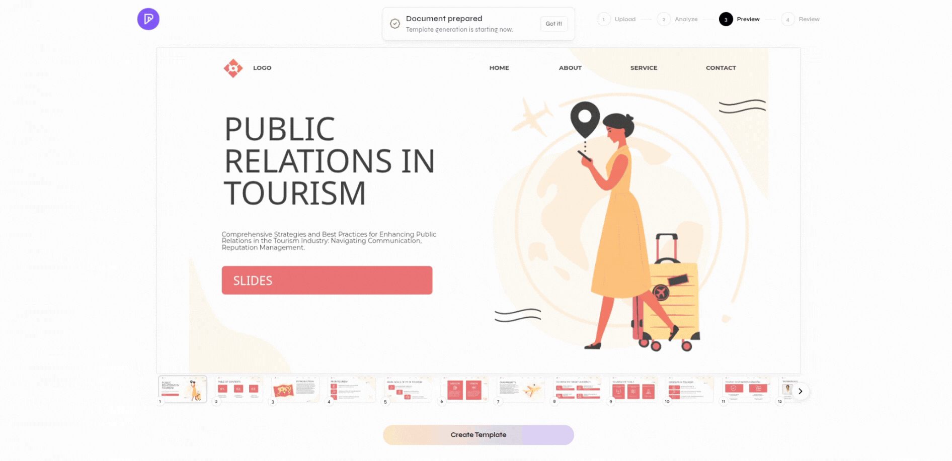 Template Studio preview with a source slide and slide thumbnails