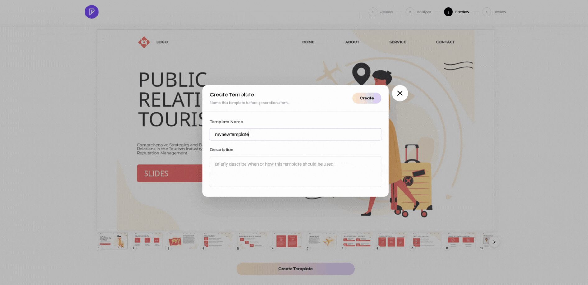 Create Template dialog with template name and description fields
