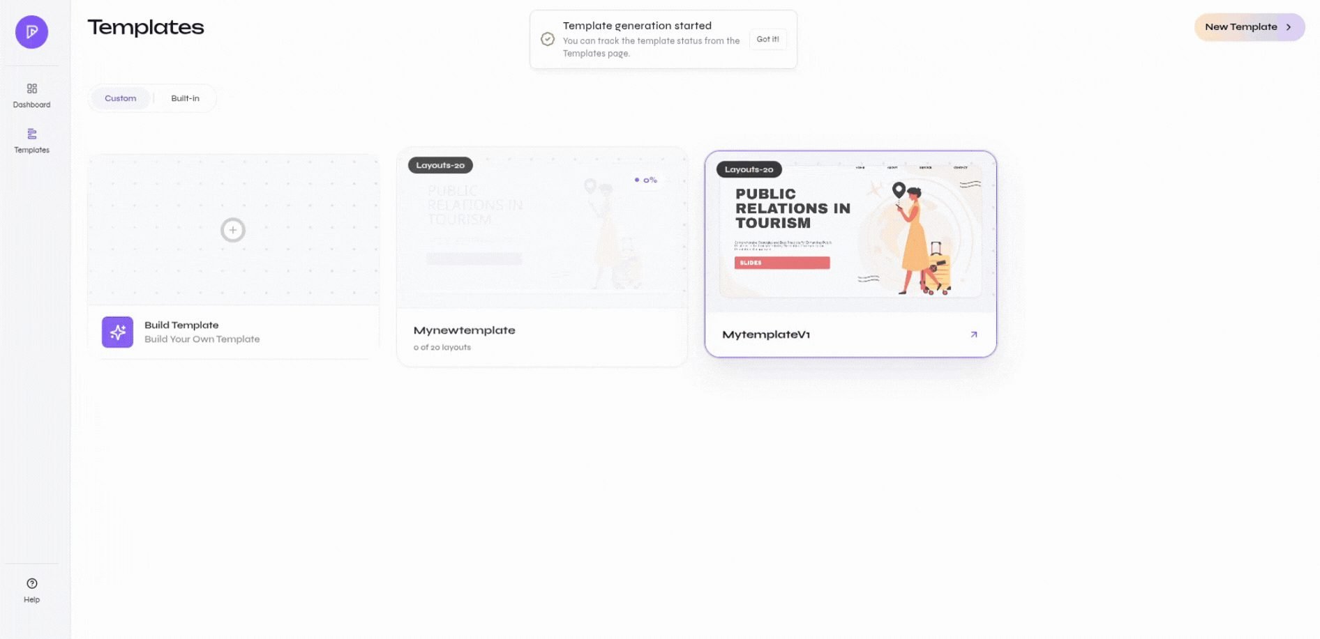 Custom template library showing layout generation progress