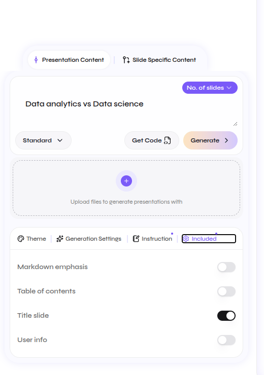 Close-up of the API Playground Included tab with optional presentation sections