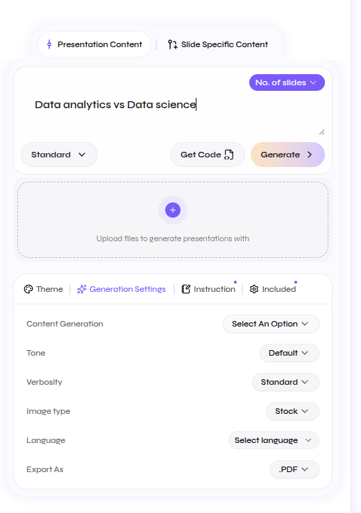 Close-up of API Playground using Presentation Content with one prompt for the full deck