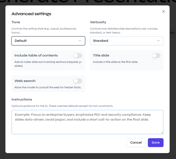 Close-up of Advanced settings for tone, verbosity, structure, web search, and instructions