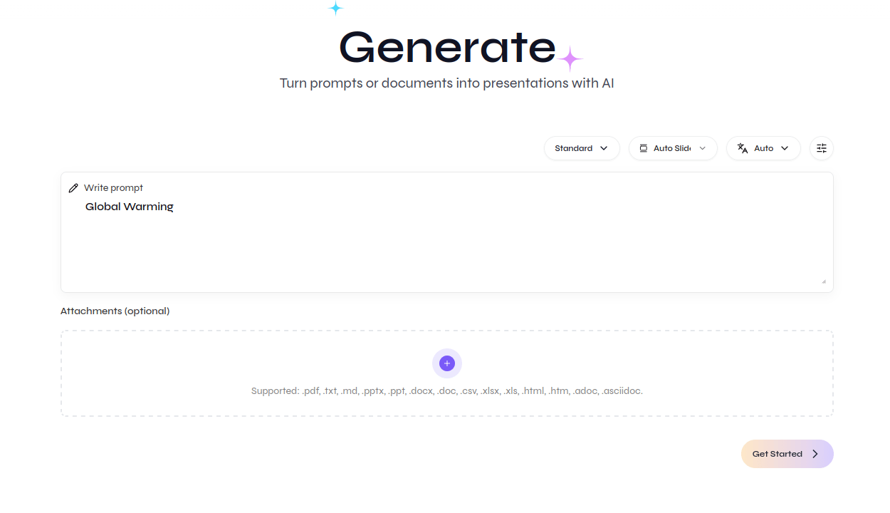 Close-up of the Presenton Cloud generator with prompt, attachments, controls, and Get Started
