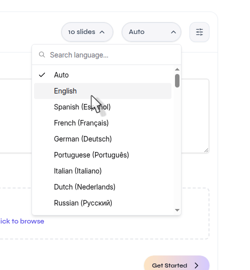 Close-up of the Cloud output-language menu