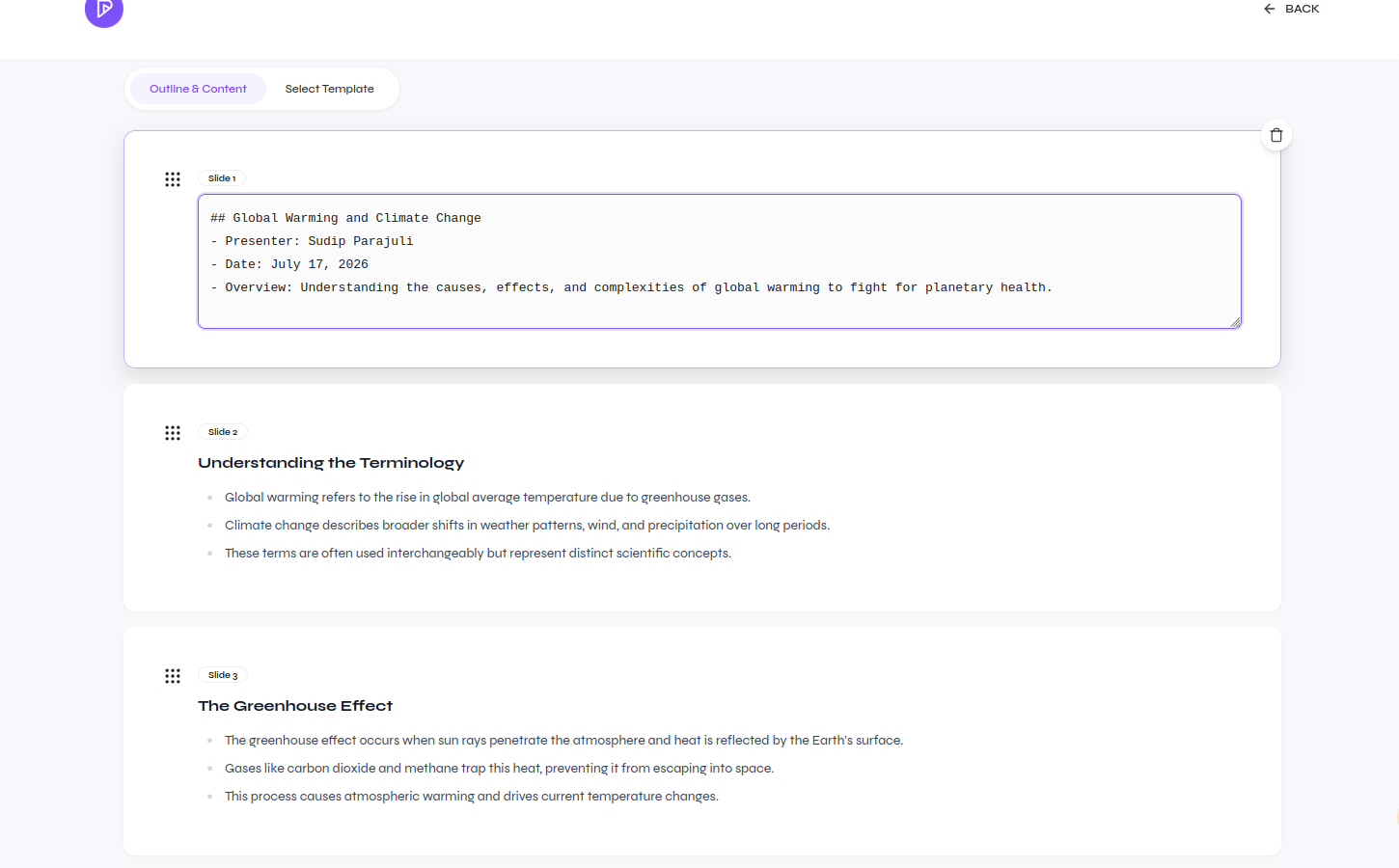 Close-up of a generated presentation outline ready for review
