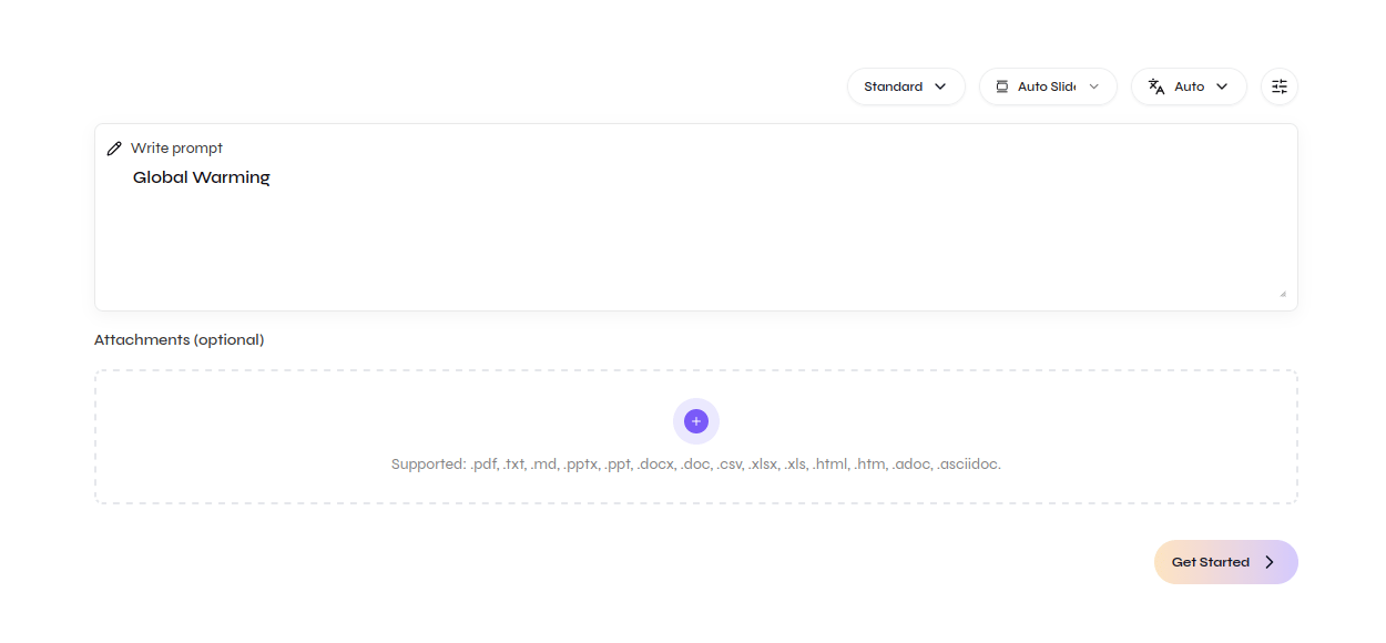 Close-up of the Cloud prompt and attachment areas with a presentation topic entered