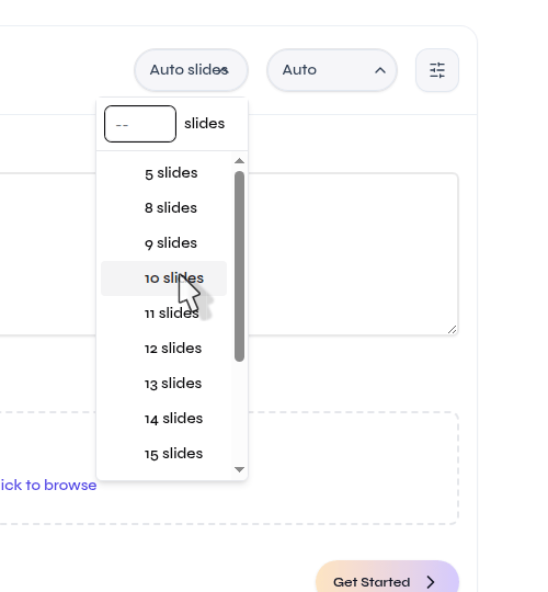 Close-up of the Cloud slide-count control and fixed slide options