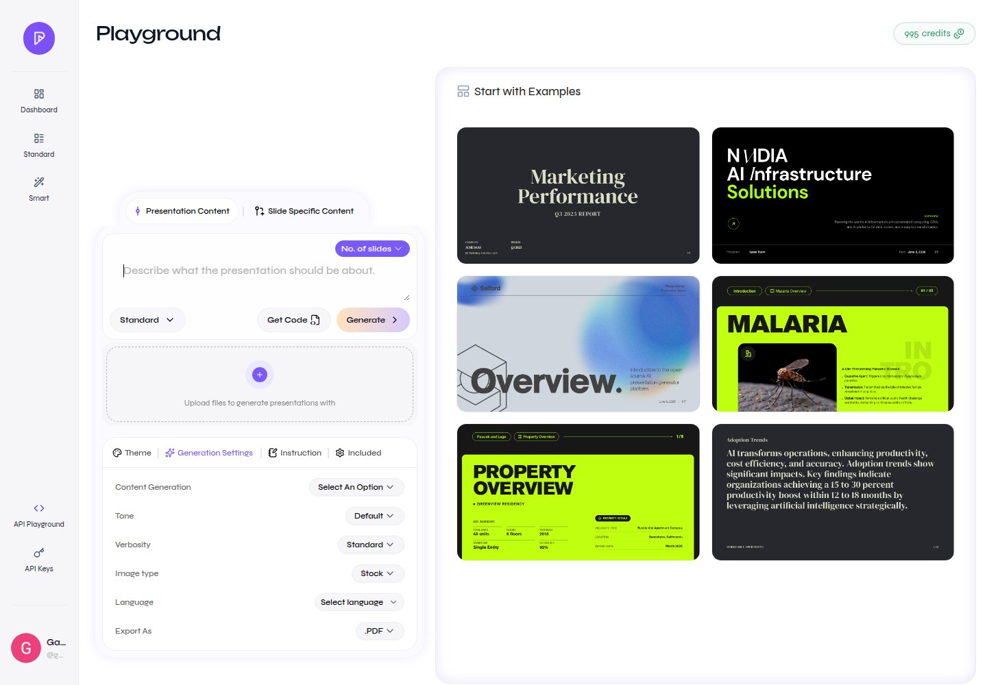 Playground with presentation examples and generation controls