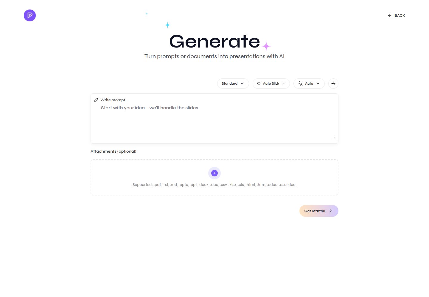 Generate page with the prompt, presentation controls, attachment area, and supported source-file formats
