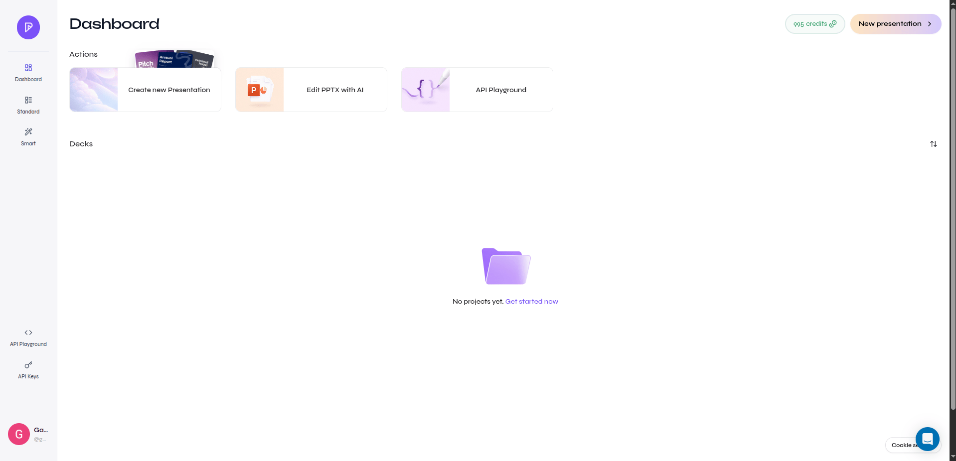 Presenton dashboard with creation actions and saved presentations