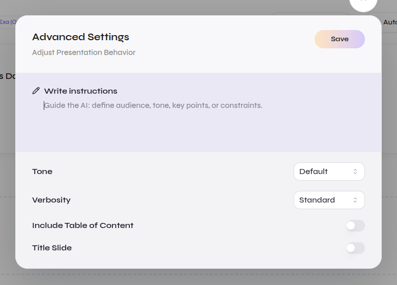 Close-up of open-source Advanced Settings with instructions, tone, verbosity, table of contents, and title slide