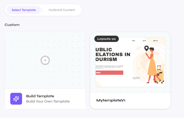 Close-up of the open-source custom template area with Build Template and a saved custom template