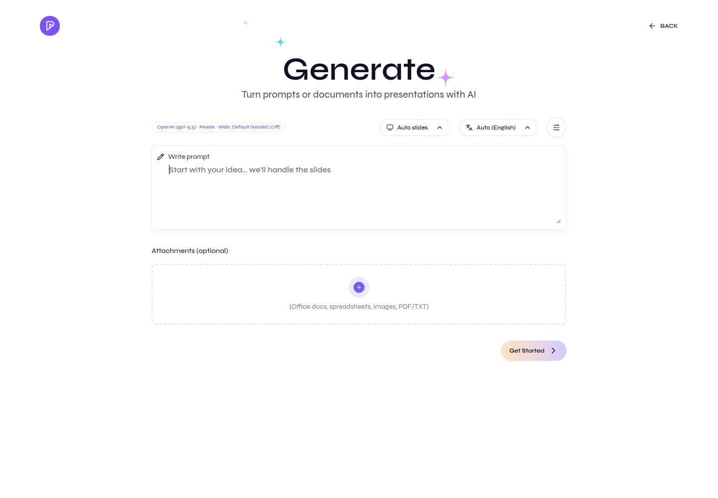 Generate page with the prompt, provider summary, attachment area, and source categories