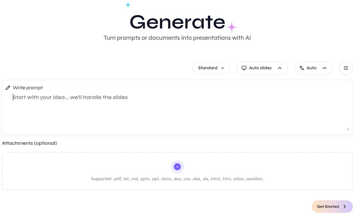 Close-up of the open-source Generate page with Standard mode, prompt, attachments, and Get Started