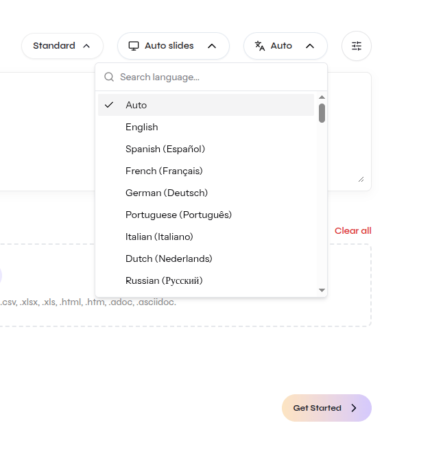 Close-up of the open-source language menu with Auto and supported output languages