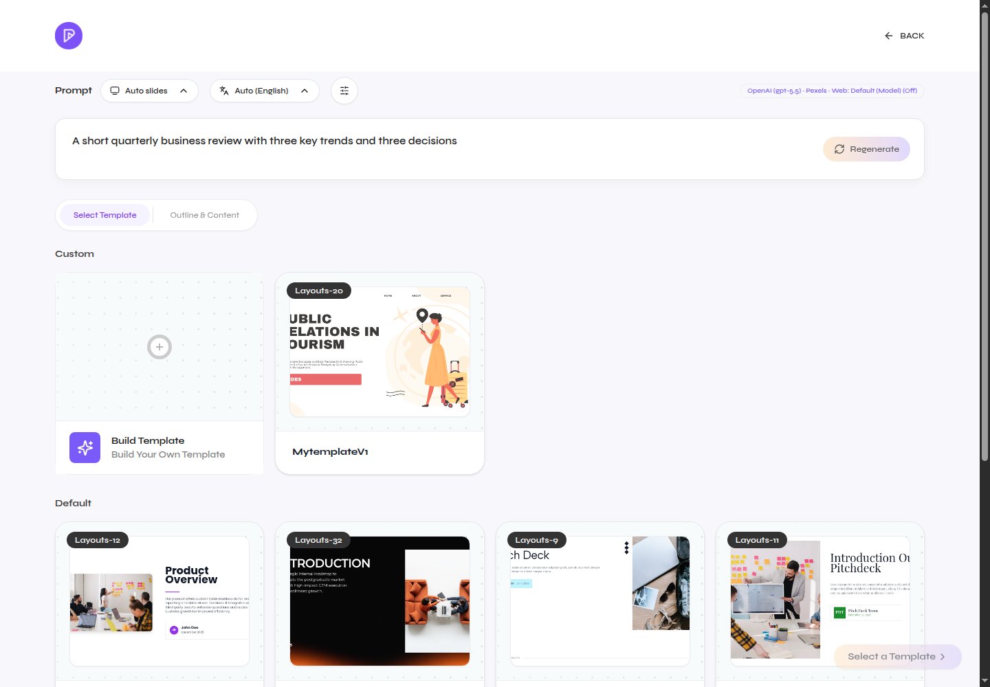 Outline with editable content, template selection, and presentation controls