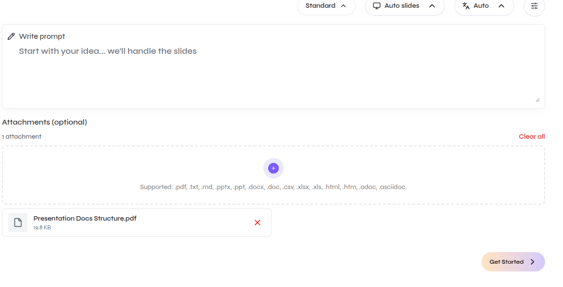 Open-source Generate page with the prompt area and an attached PDF source document