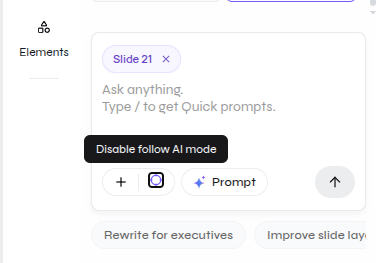 AI assistant composer showing the Slide 21 scope chip and Follow AI mode control