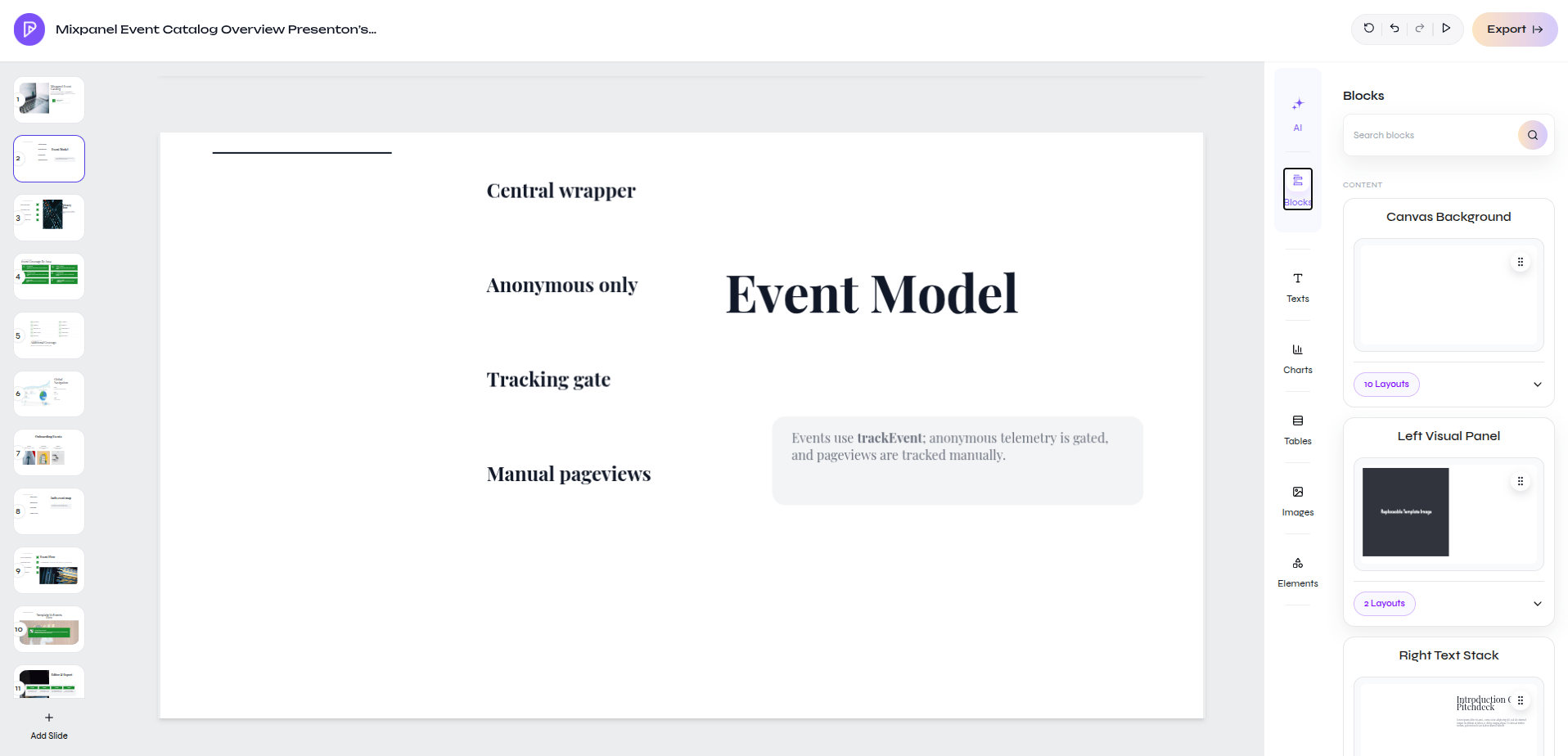 Presentation editor with the Blocks panel open and reusable block families listed