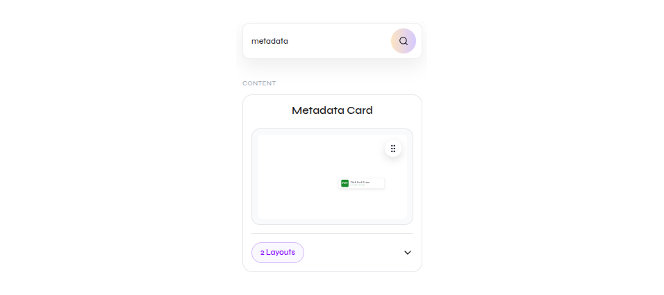 Blocks panel showing a metadata search result and a Metadata Card with two layouts