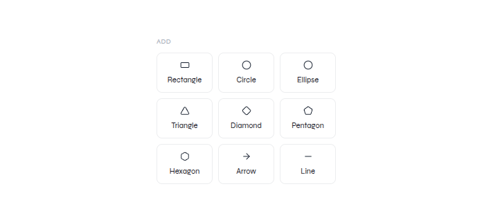 Elements panel with rectangle, circle, ellipse, triangle, diamond, pentagon, hexagon, arrow, and line options