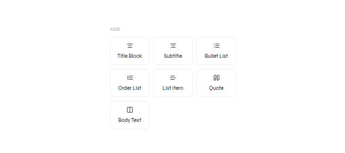 Texts panel with title, subtitle, list, quote, and body text options