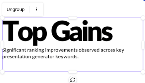 A grouped text composition selected with the Ungroup action available