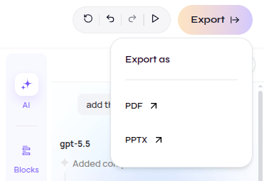 Export menu with PDF and PPTX options