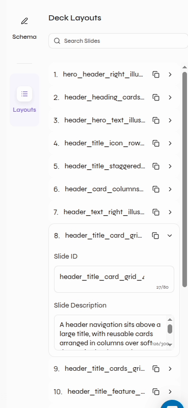 Deck Layouts panel showing searchable layout names, copy controls, an expanded Slide ID, and Slide Description