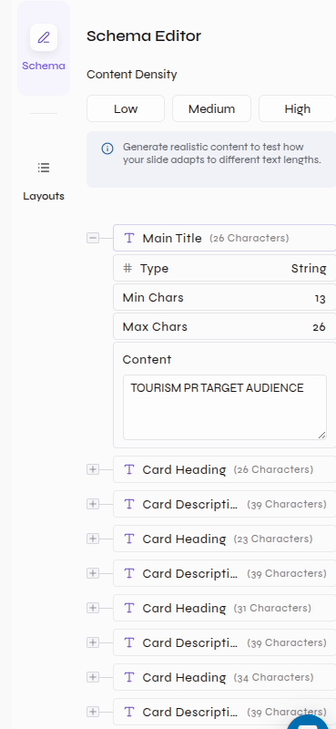 Schema Editor showing Low, Medium, and High content density plus a Main Title string with minimum characters, maximum characters, and sample content