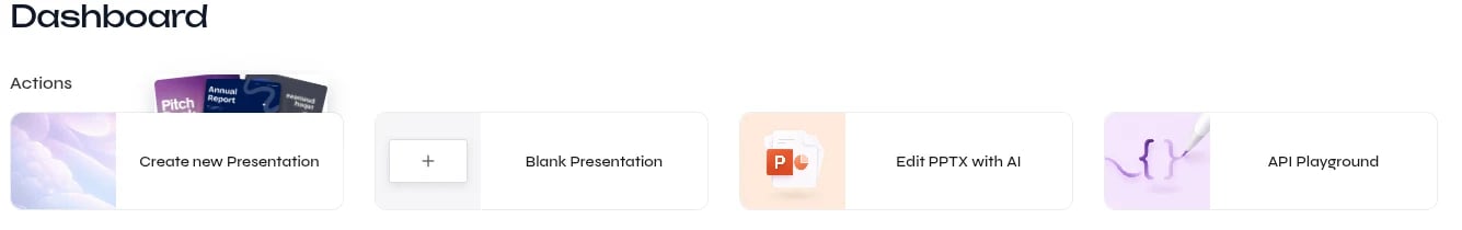 Presenton dashboard action row with Create new Presentation, Blank Presentation, Edit PPTX with AI, and API Playground