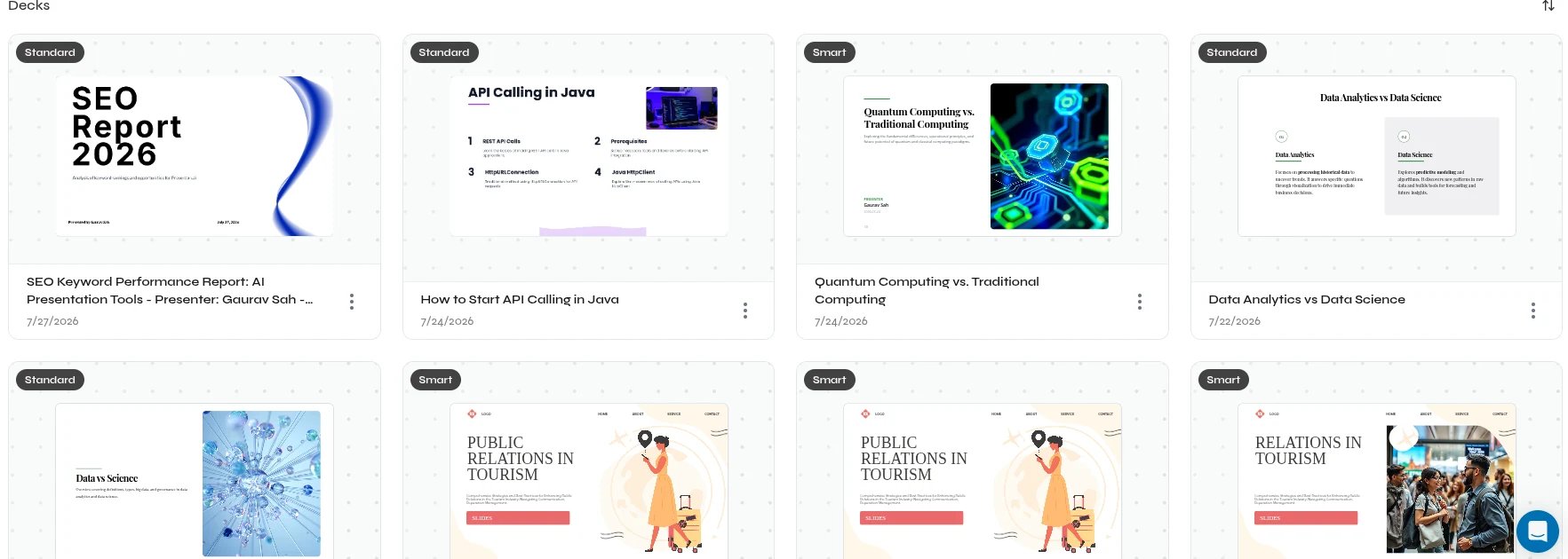 Presenton Decks section with saved presentation cards, previews, titles, dates, and presentation types