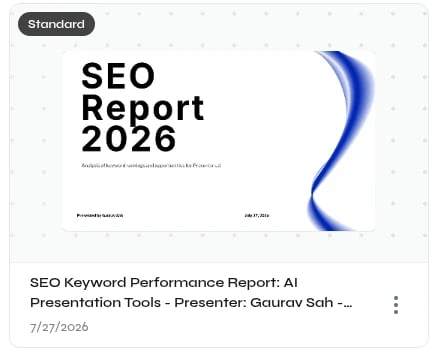 Presenton presentation card showing the slide preview, Standard label, title, date, and three-dot menu