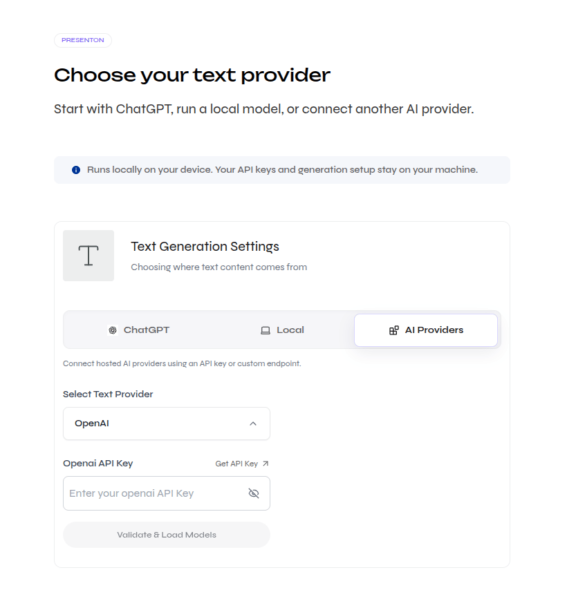 Close-up of API text provider setup with an OpenAI API key field