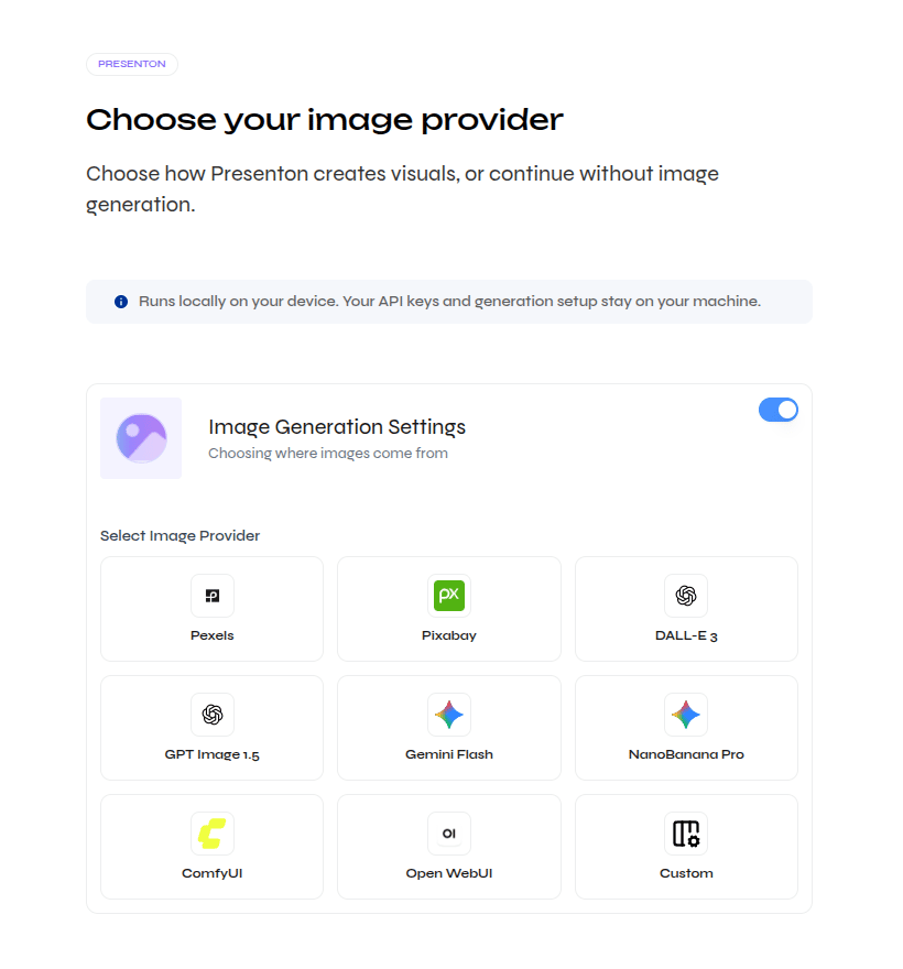 Close-up of open-source image provider choices including Pexels, Pixabay, DALL-E, Gemini, ComfyUI, Open WebUI, and Custom